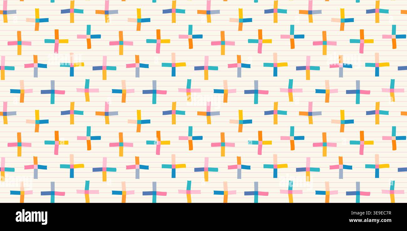Grazioso motivo vettoriale senza cuciture con colorate forme organiche e cartelli su sfondo foderato per bambini e bambini, per l'estate e la scuola Illustrazione Vettoriale