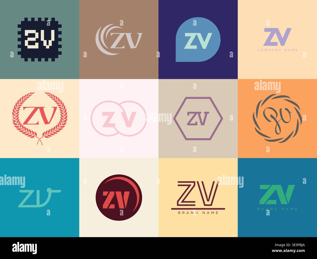 Modello aziendale con logo ZV. Logotipo lettera z e V. Imposta diverse lettere serif classiche e testo moderno in grassetto con elementi di design. Tipog font iniziale Illustrazione Vettoriale