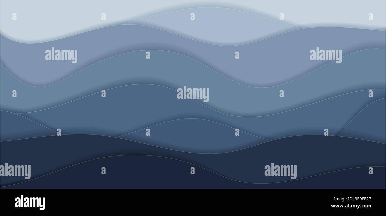 Strati di carta astratta di sfondo Deep Sea Waves in blu navy e grigio acciaio. Modern Fluid Backdrop per Corporate Tech ed Eco-Marine Web Design. Illustrazione Vettoriale