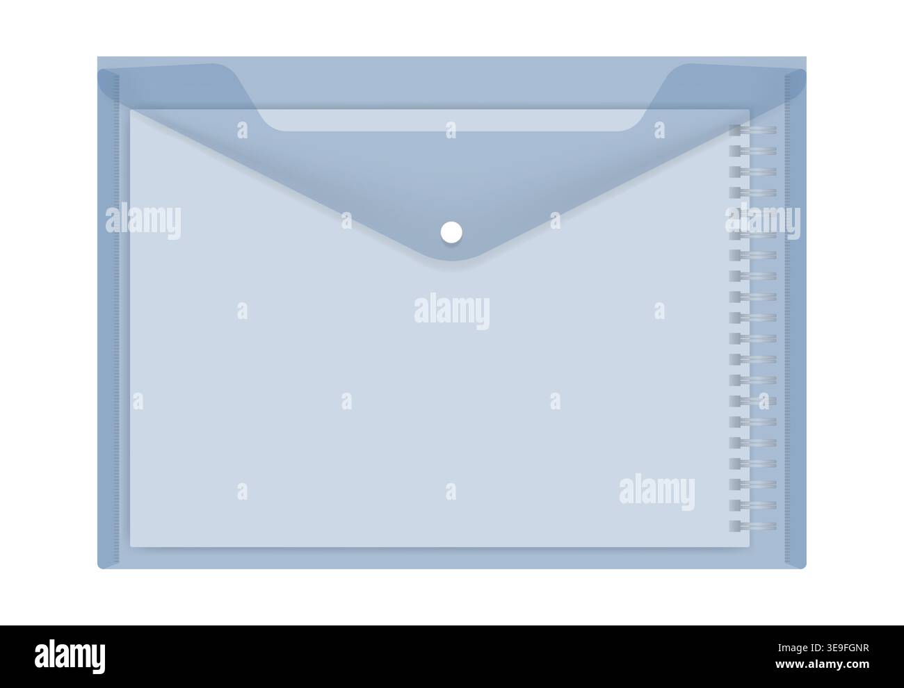 Busta in plastica trasparente con quaderno a spirale A4 all'interno, illustrazione vettoriale. Supporto per lime blu trasparente con pulsante a scatto, modello realistico Illustrazione Vettoriale