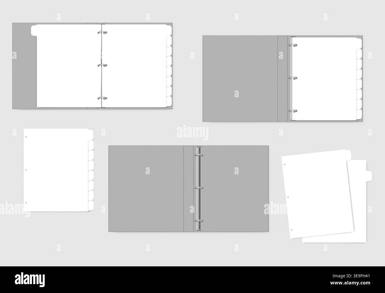 3 fogli di carta bianca perforati e con rilegatura ad anelli con divisori per linguette, mockup realistico. Quaderno ricaricabile, modello vettoriale Illustrazione Vettoriale