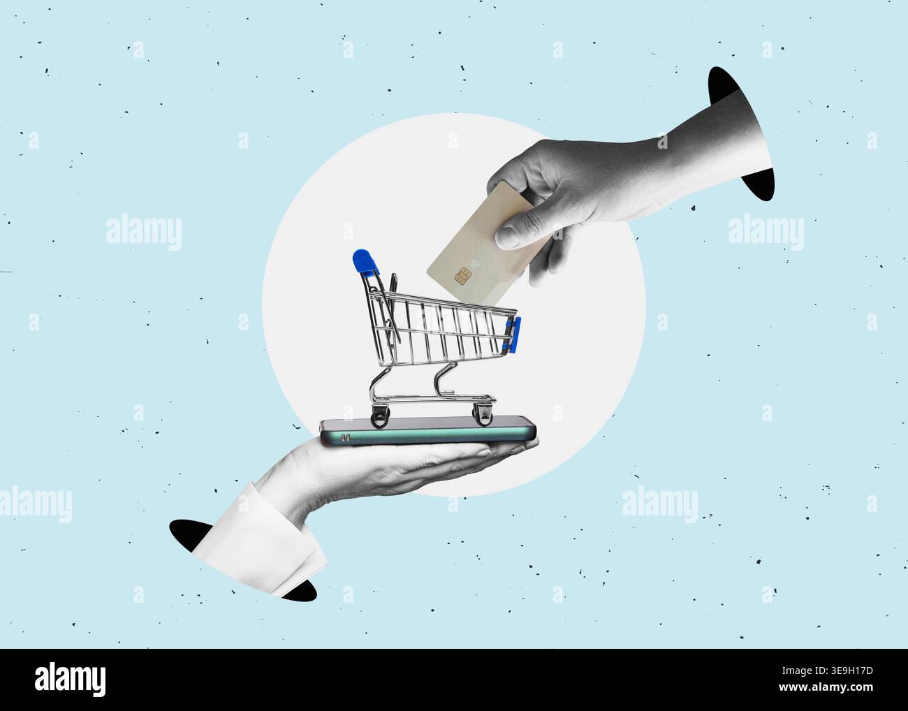Una mano regge il carrello e l'altra mano con carta di credito, acquista con carta di credito, acquista online. Arte di design Faltat. Foto Stock