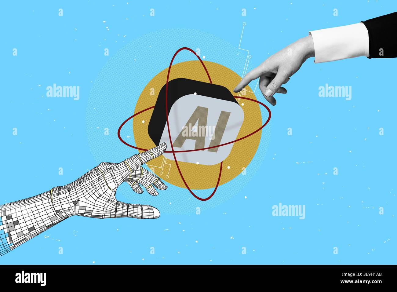 Mano robotica cyborg bianca che punta il dito verso la mano umana con il dito teso verso il simbolo ai: Cyber la Creation. Collage artistico con design piatto. Foto Stock