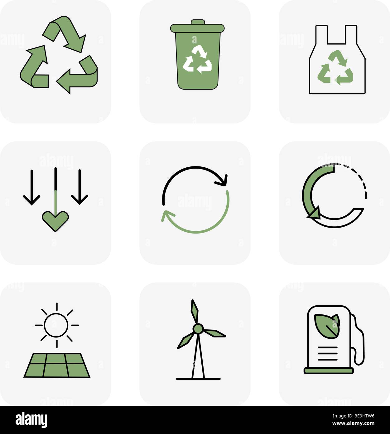 Icone riciclaggio impostare simboli ordinamento rifiuti icone linea Eco raccolta Illustrazione Vettoriale