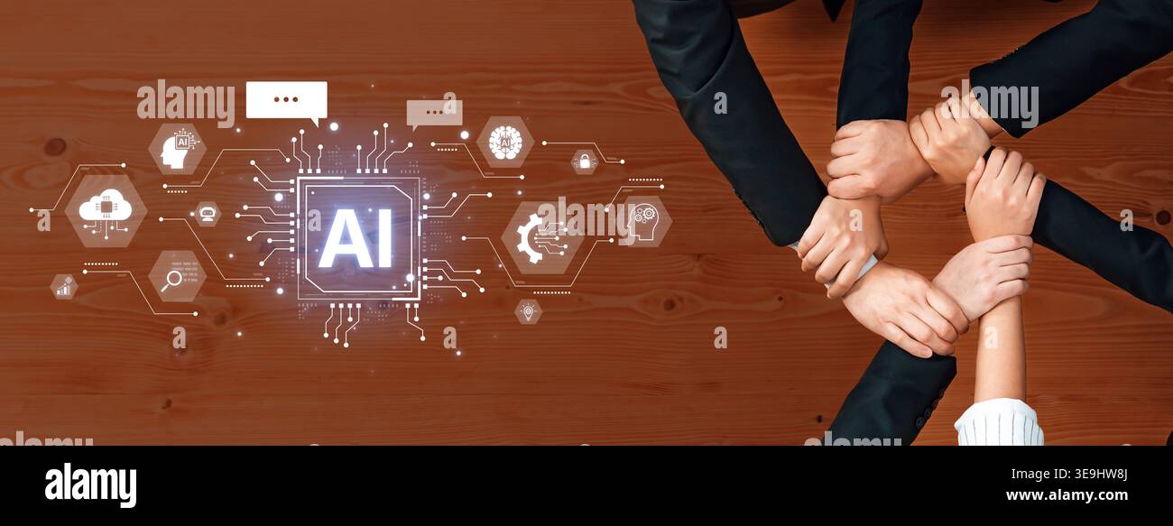 Concetto di intelligenza artificiale cognitiva e conversazionale. Il processore centrale alimenta un chatbot, esegue ricerche di dati nel cloud e facilita l'intelligenza Foto Stock