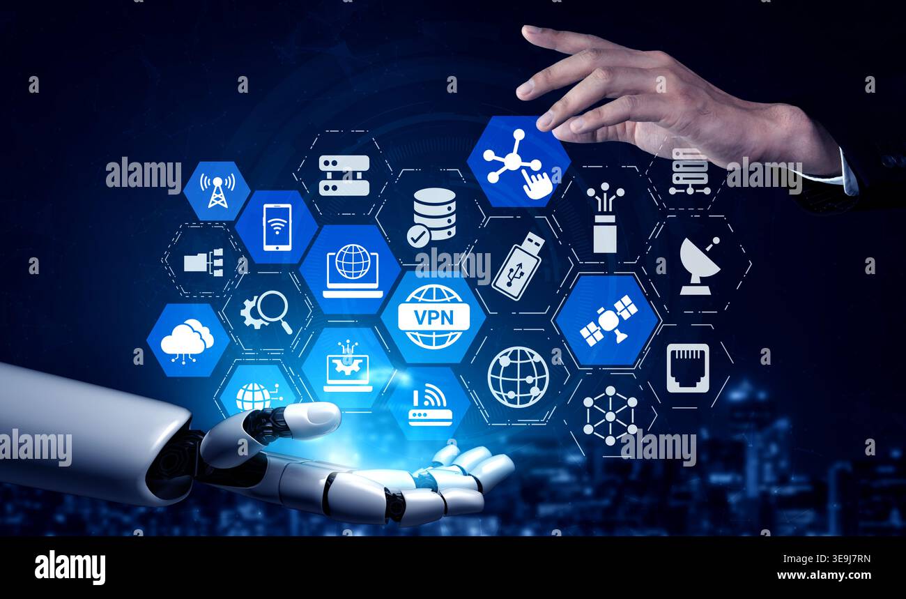 Le reti di comunicazione AI ottimizzano la connettività digitale, migliorano il trasferimento globale dei dati e migliorano l'accesso alle comunicazioni sicuro e scalabile in tutto il mondo Foto Stock