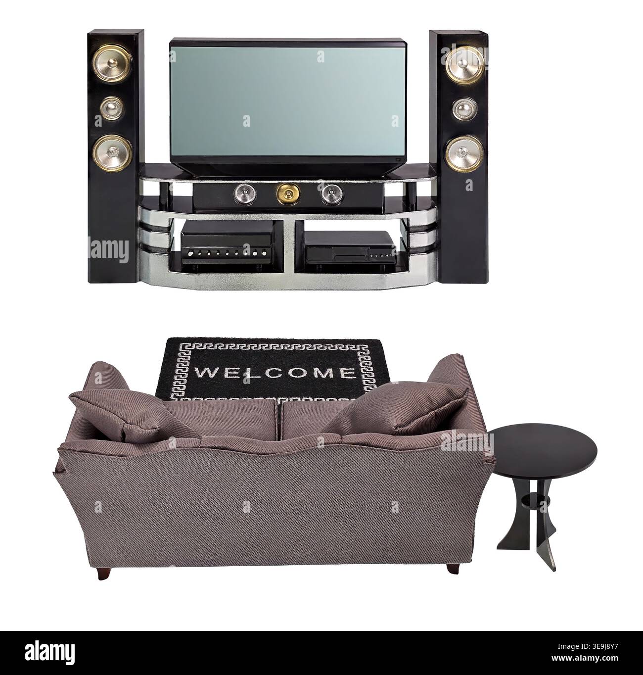 Benvenuto in un sistema di Home Entertainment con divano e tappetino di benvenuto Foto Stock