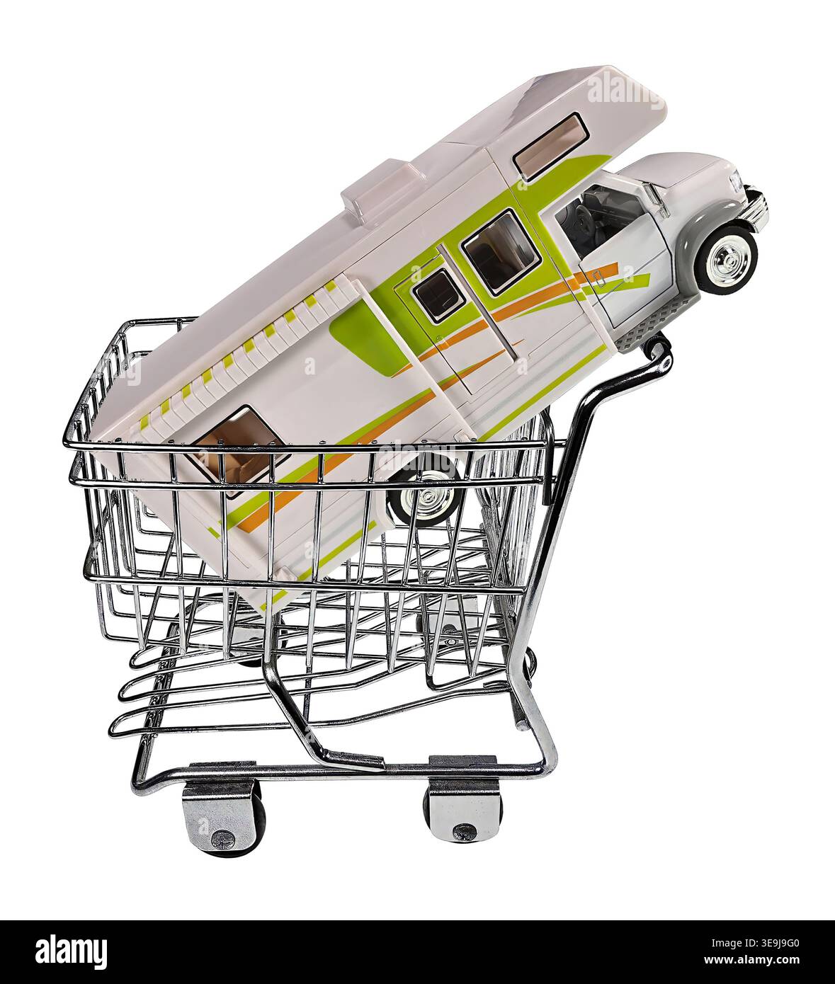 Shopping per la vita del rimorchio da campeggio mostrata da un camper in un carrello della spesa Foto Stock