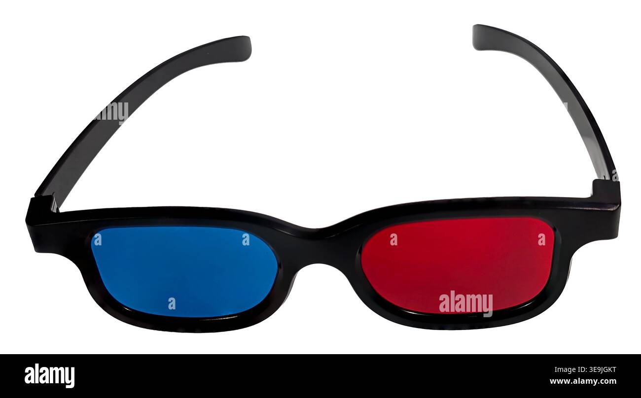 Occhiali 3D per vedere film in tre dimensioni con lenti rosse e blu Foto Stock