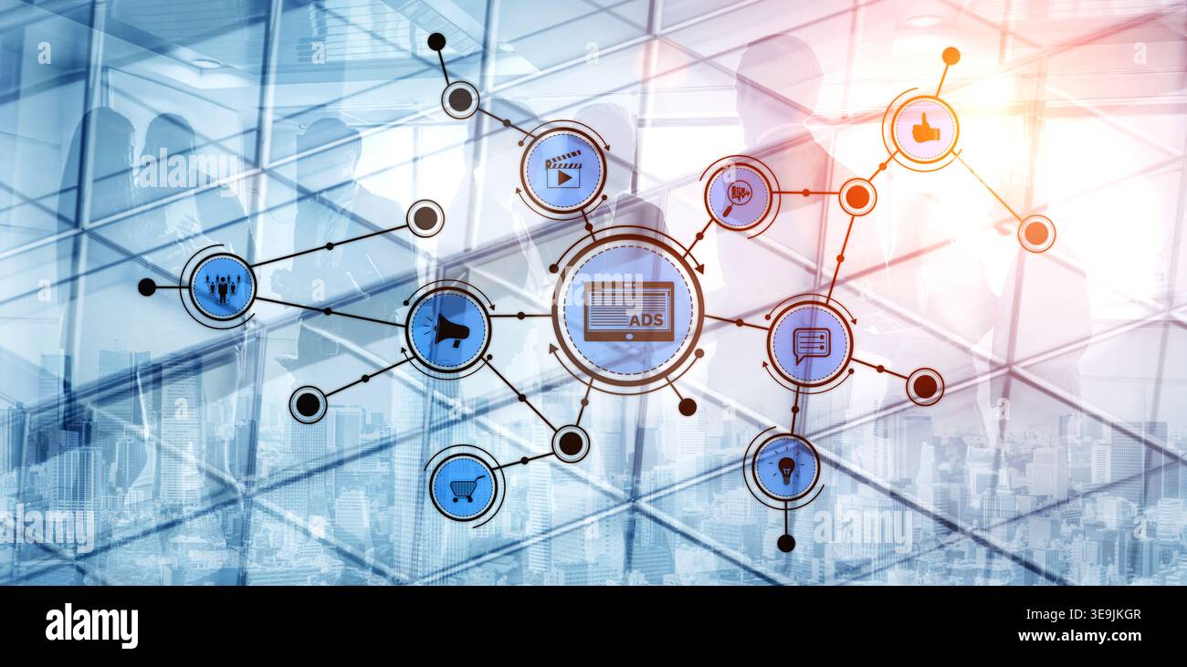 Esplorate l'interazione dei concetti di marketing digitale attraverso un'immagine astratta con icone e sagome, sottolineando la pianificazione strategica in un ambiente moderno Foto Stock