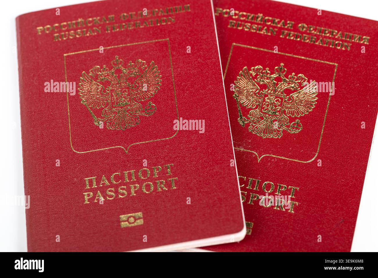 I passaporti biometrici russi preparati per l'elaborazione dei record e la registrazione di archivio, l'allineamento ordinato e le coperture chiare sottolineano l'organizzazione Foto Stock