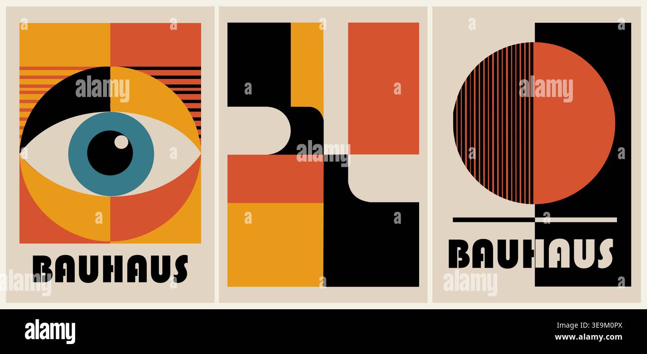Tre audaci poster Bauhaus geometrici dai toni caldi Illustrazione Vettoriale