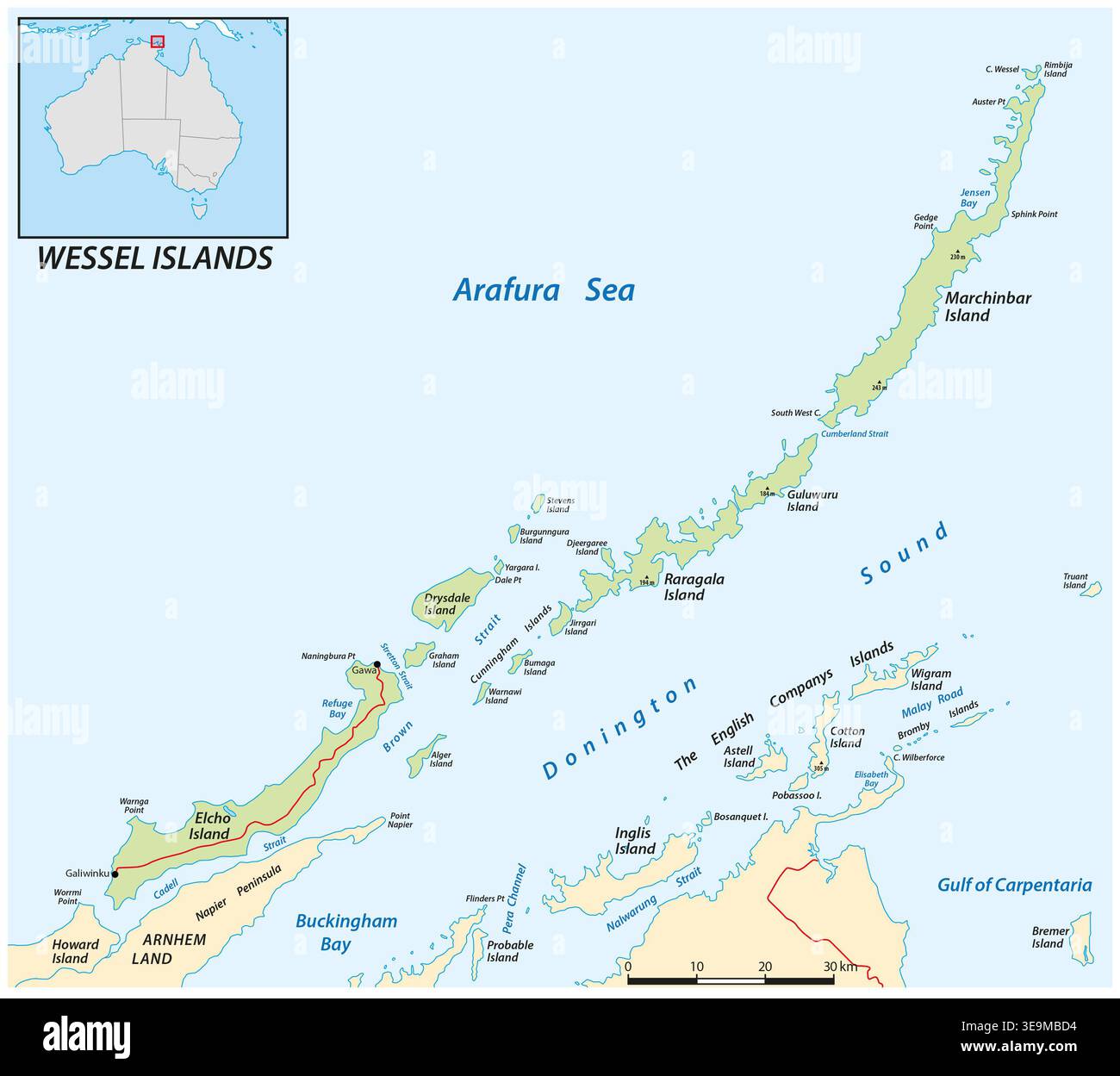 Mappa dettagliata dell'arcipelago delle Isole Wessel, territorio del Nord, Australia Foto Stock