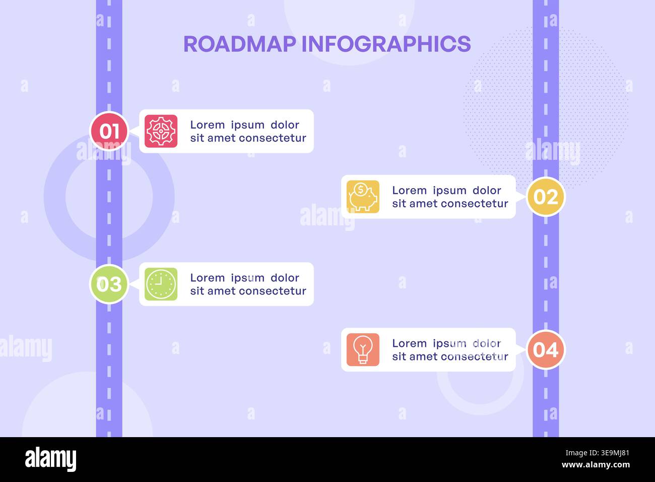Roadmap verticale a due lati con illustrazione vettoriale dei cluster di pietre miliari separati Illustrazione Vettoriale