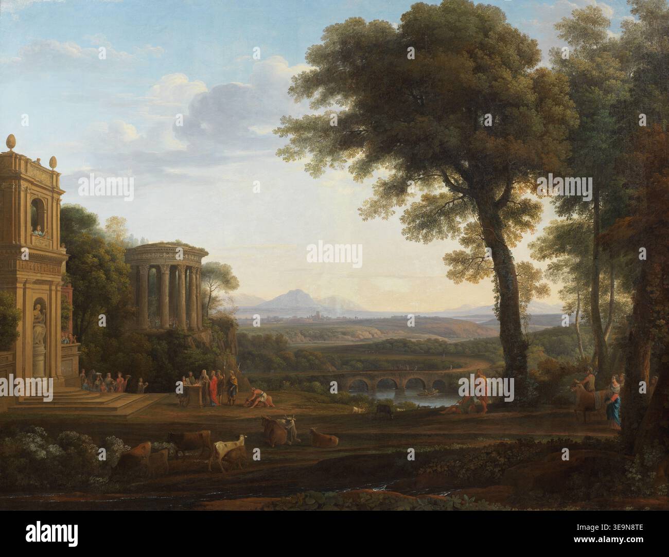 Nicolas-Didier Boguet (1755–1839) è stato un artista francese noto per i suoi dipinti storici e mitologici di paesaggi. "Landskap med psyches fader offrande vid Apollons tempel i Miletos" raffigura una scena mitologica presso il Tempio di Apollo a Miletos. La riproduzione d'archivio presenta i delicati paesaggi e le figure associate alla mitologia classica. Foto Stock