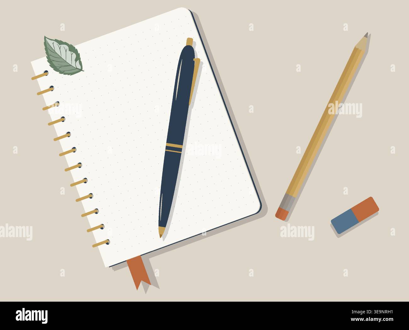 Notebook a griglia a punti aperta Flat Lay Workspace con foglia verde salvia, penna elegante e matita. Design ecocompatibile di cancelleria Vector Illustrazione Vettoriale
