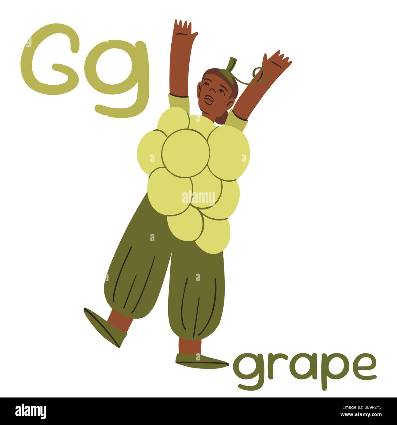 Jumping Man in a Green Grape Costume, Letter G Flashcard, inglese Learning Illustrazione Vettoriale