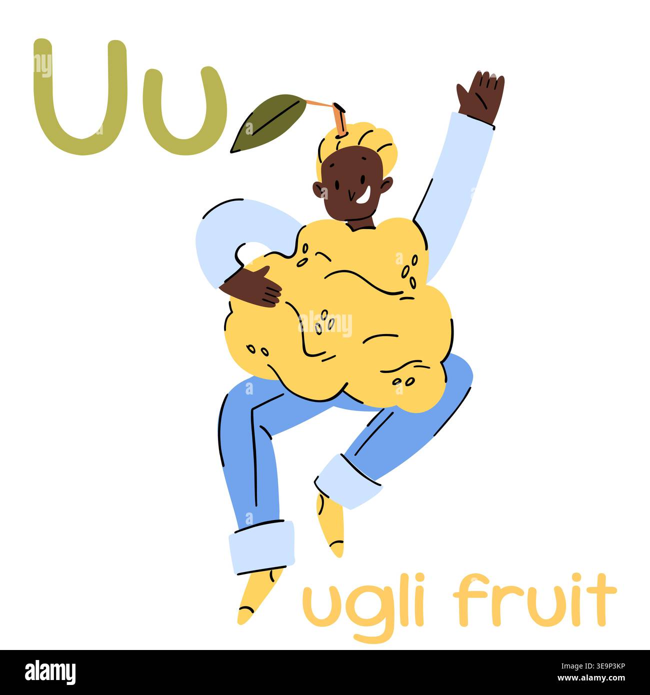 Un ragazzo felice che salta in un costume di frutta Ugli, indossa jeans e tiene una foglia sulla testa, una lettera U flashcard per imparare l'inglese Illustrazione Vettoriale