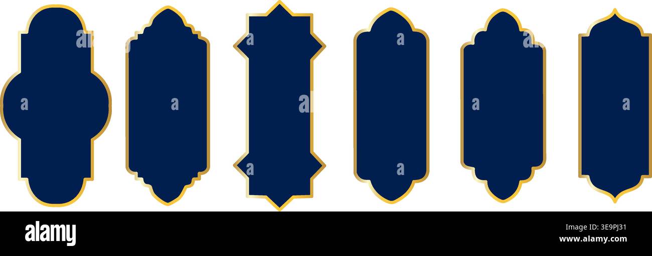 Fila di sagome islamiche blu scuro con diverse cime ad arco smerlate, semplici icone geometriche per l'architettura della moschea, patte mediorientale Illustrazione Vettoriale