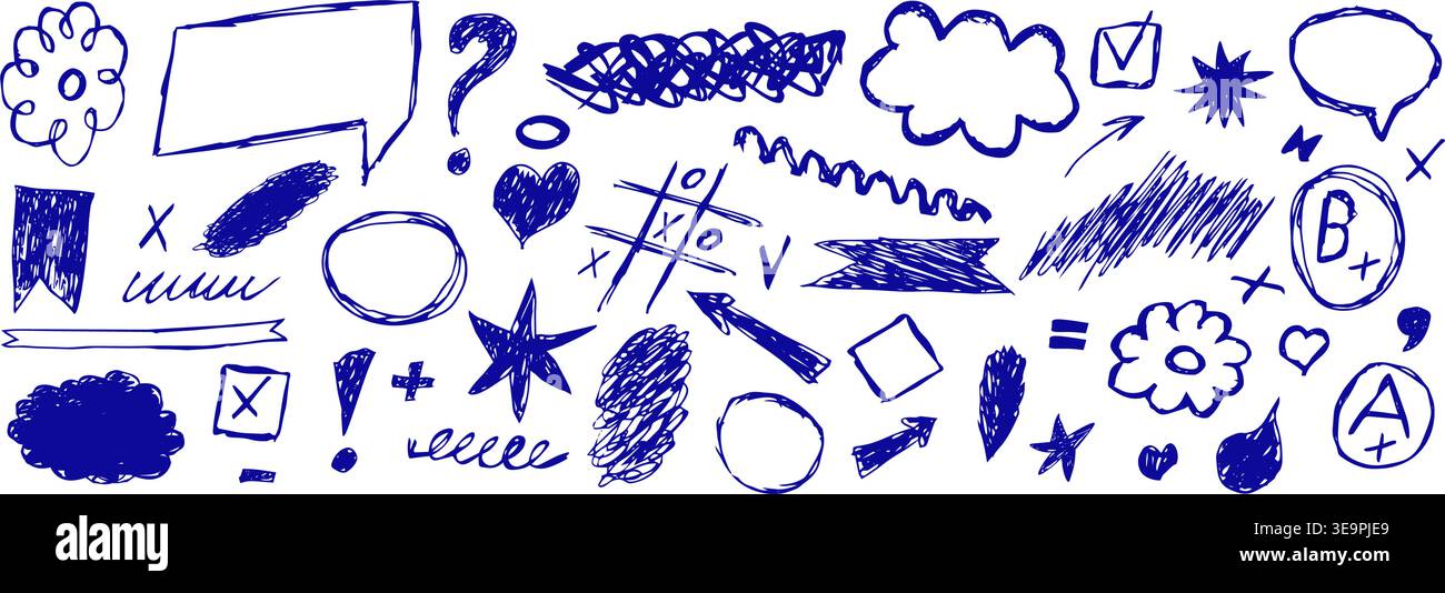 Set disegnato a mano di elementi blu per scarabocchi isolati su sfondo bianco. Una collezione di frecce traboccanti cuori e segni per un business plann creativo Illustrazione Vettoriale