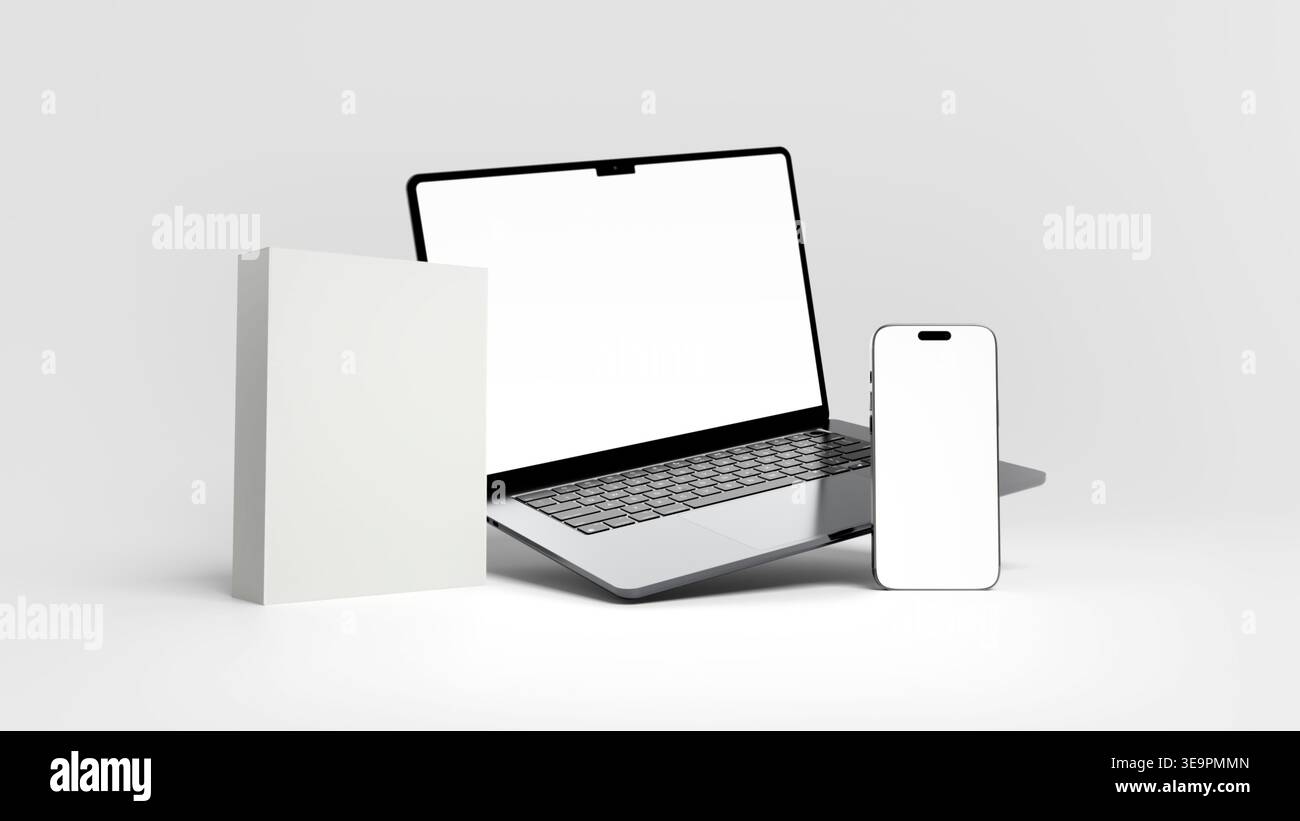 Schermo vuoto per laptop, telefono cellulare e confezione di prodotti software per il branding digitale e il marketing. Alta risoluzione 8k, rendering 3D. Foto Stock