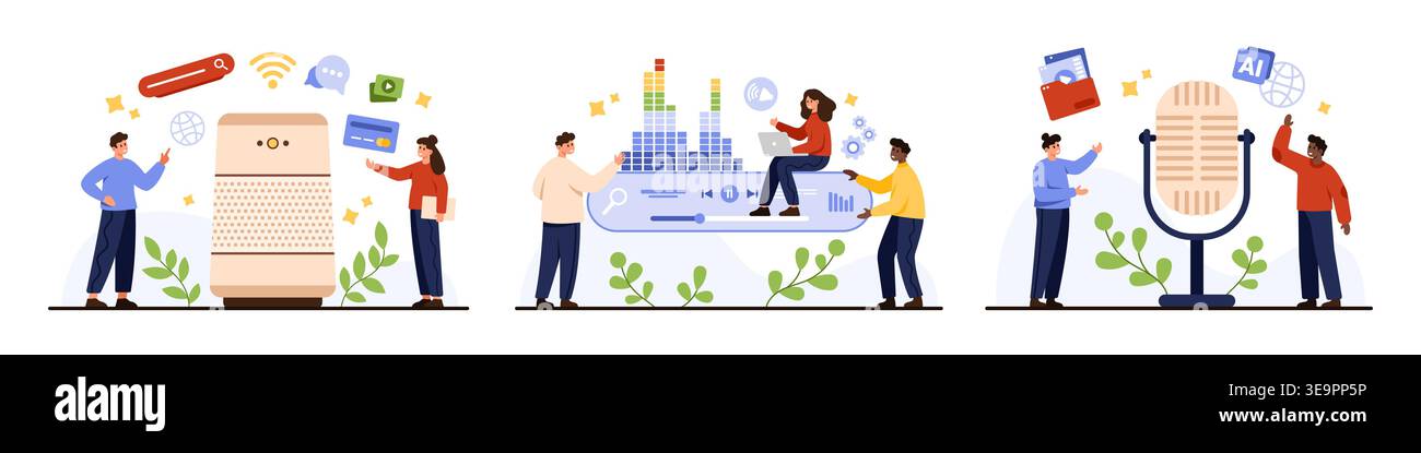 Persone che interagiscono con altoparlanti intelligenti, app audio e assistenti vocali ai per la ricerca, lo streaming e la comunicazione in un ambiente digitale moderno, isolato su sfondo bianco Illustrazione Vettoriale