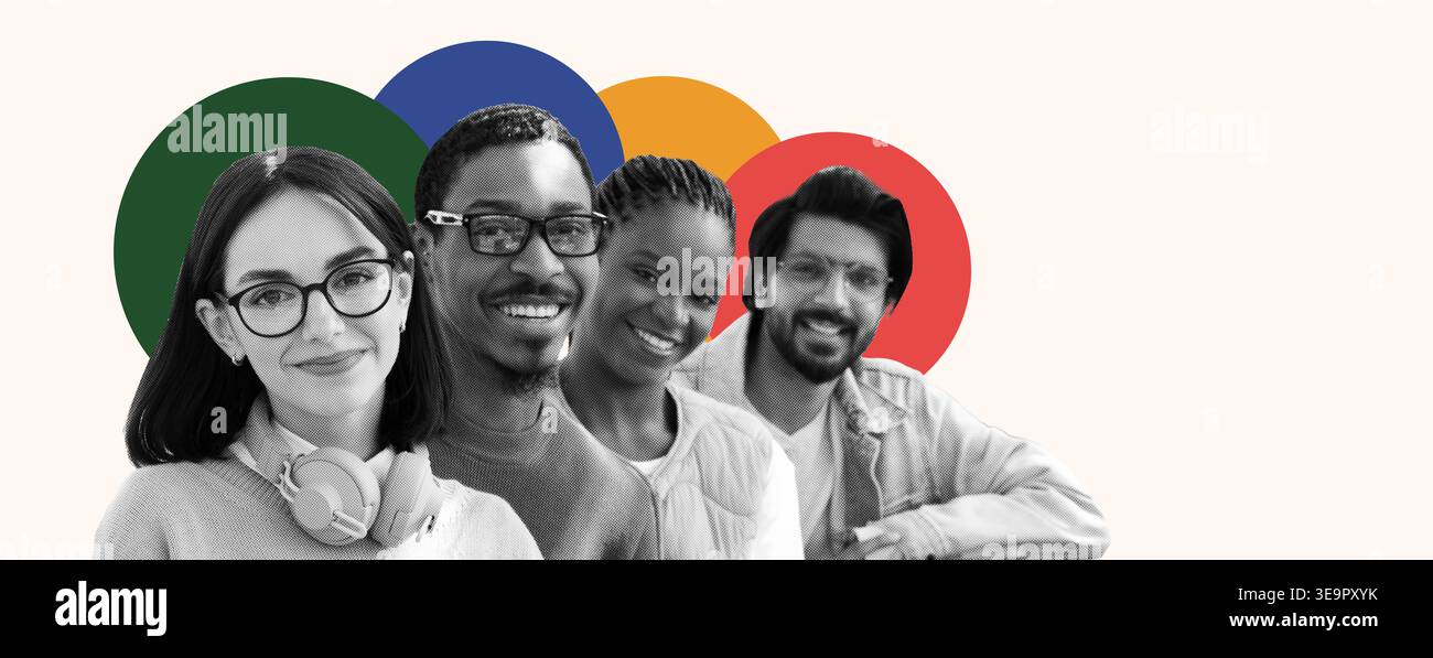 Collage di persone diverse che sorridono e si connettono con uno sfondo colorato di cerchi Foto Stock