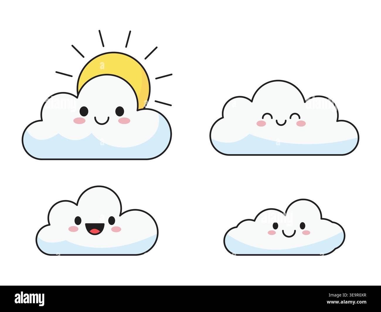 Graziose nuvole sorridenti con personaggi Sun Set Kawaii Style Flat Vector Illustration Illustrazione Vettoriale