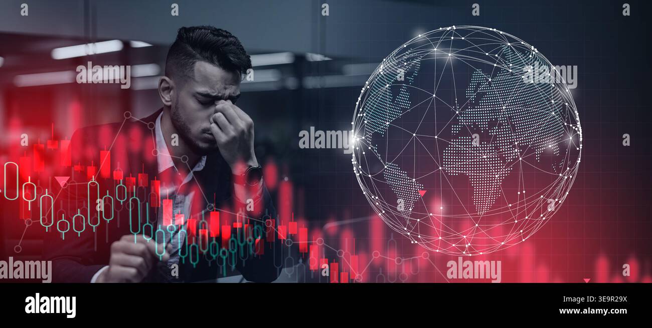 I professionisti aziendali affrontano lo stress derivante dal declino del mercato azionario e dalle sfide globali Foto Stock