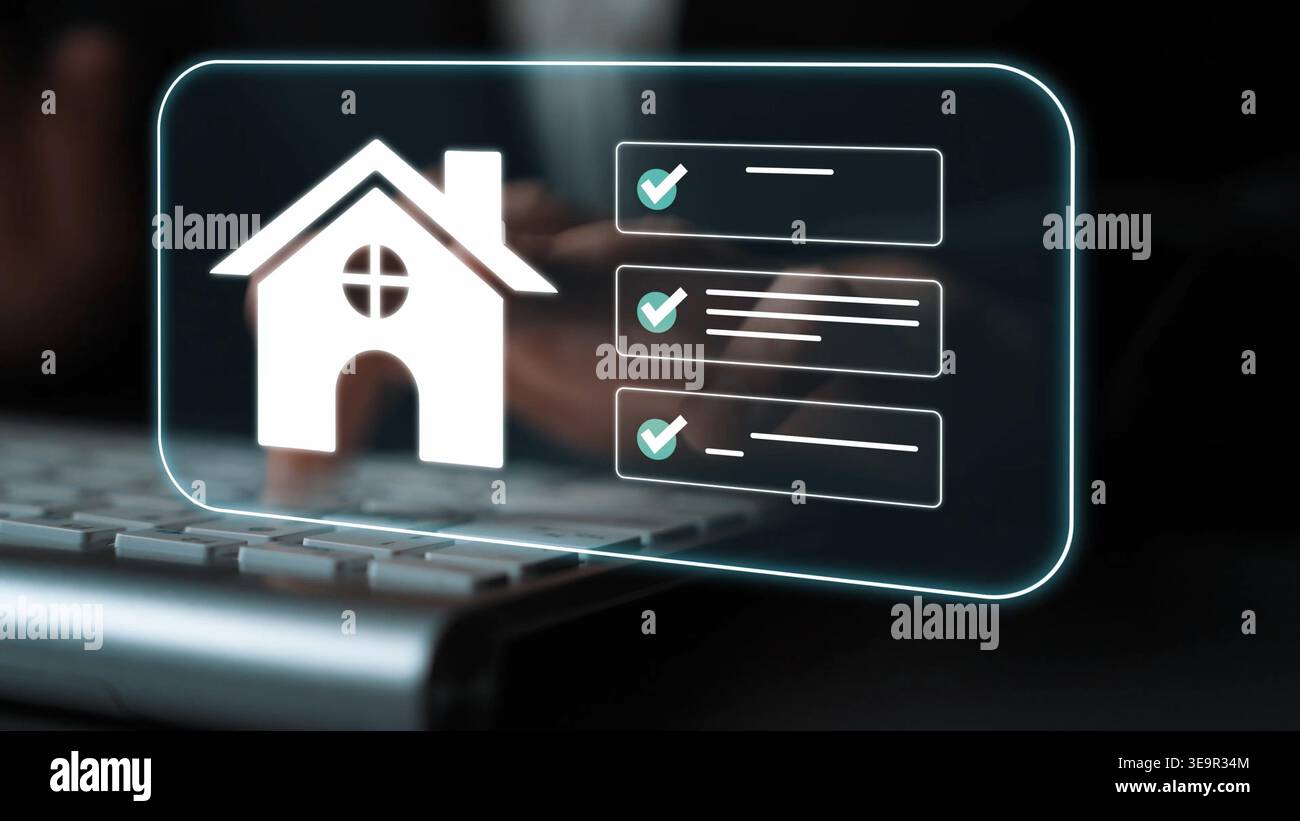 Interfaccia virtuale che mostra l'icona Home e le liste di controllo per la gestione immobiliare e gli elenchi di proprietà in Digital Environment Gluon. Foto Stock