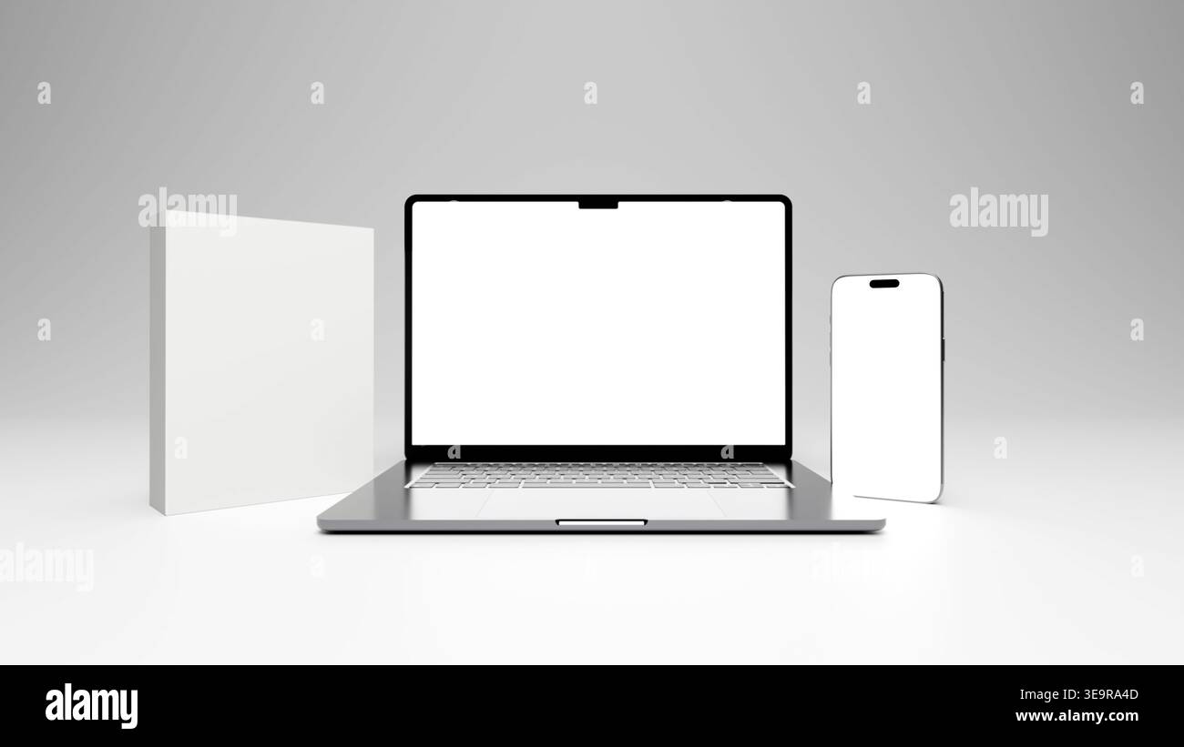 Schermo vuoto per laptop, telefono cellulare e confezione di prodotti software per il branding digitale e il marketing. Alta risoluzione 8k, rendering 3D. Foto Stock