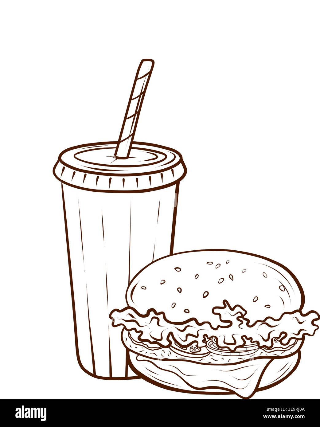 Un hamburger con lattuga e salsa e una tazza di bibita da asporto. Illustrazione del fast food vettoriale in stile incisione. Oggetto isolato di cibo di strada, perfetto per me Illustrazione Vettoriale