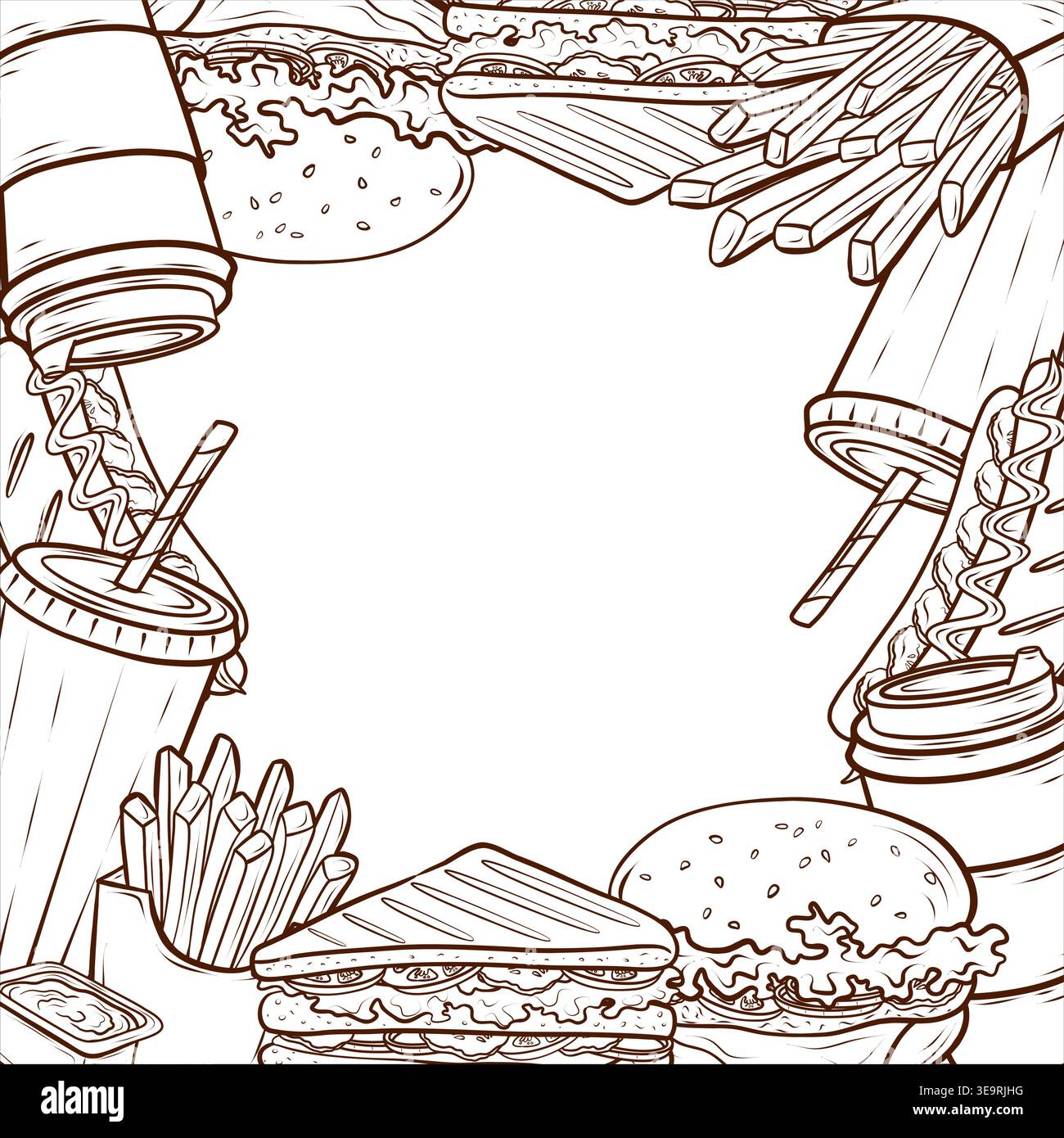Una struttura fast food in bianco e nero con hamburger, sandwich, hot dog, patatine fritte, caffè da asporto, e soda. Incisione illustrazione vettoriale disegnata a mano per Illustrazione Vettoriale