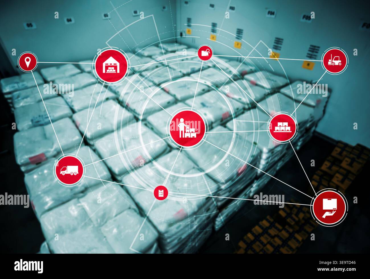 Sistema di gestione intelligente del magazzino con tecnologia innovativa dell'Internet delle cose per identificare il prelievo e la consegna delle confezioni . Futuro concetto di fornitura Foto Stock