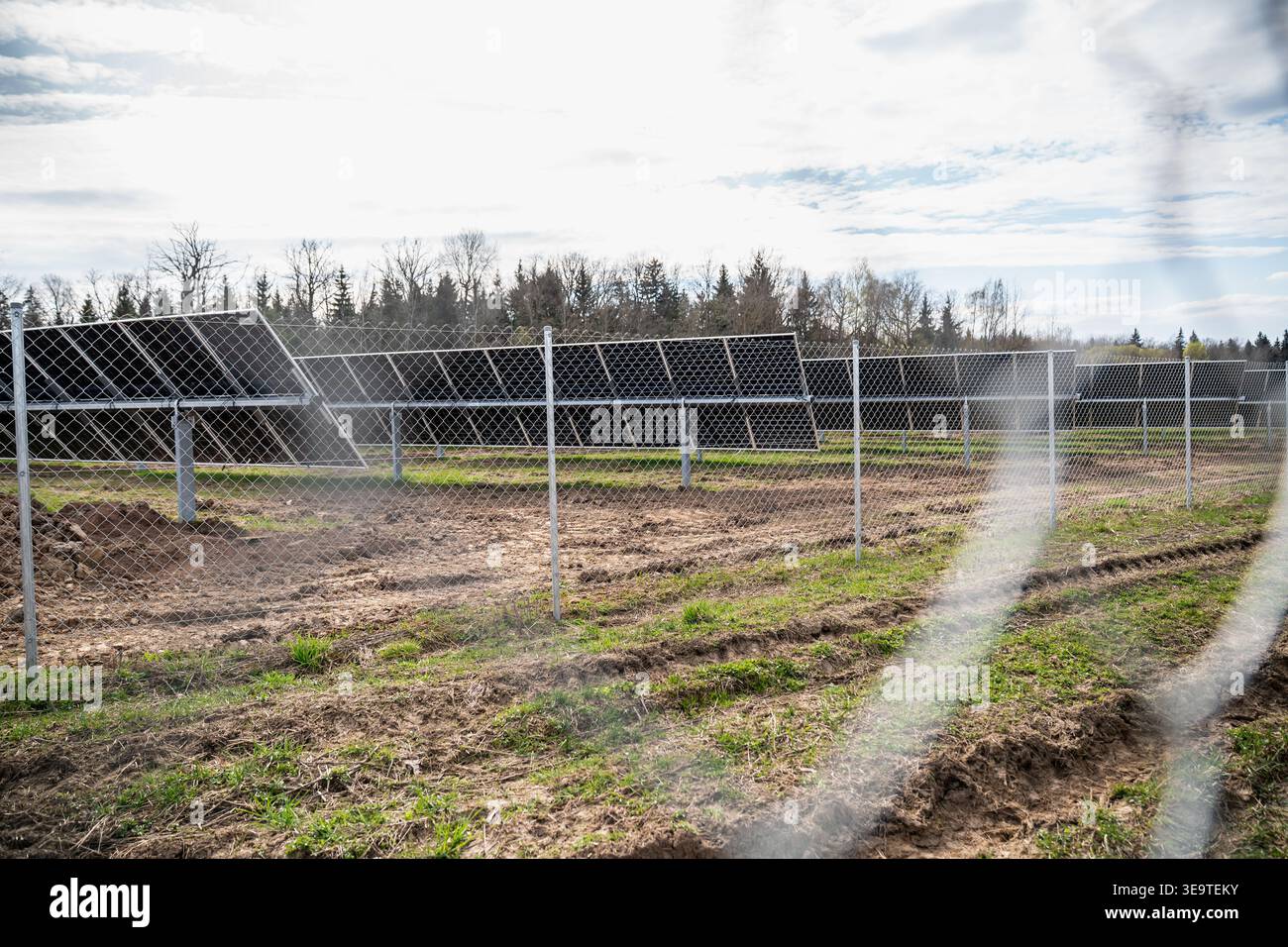 Installazione di un'azienda agricola su larga scala a pannelli solari situata dietro una recinzione di sicurezza a catena per la produzione di energia rinnovabile e gli infrarossi sostenibili per l'energia verde Foto Stock