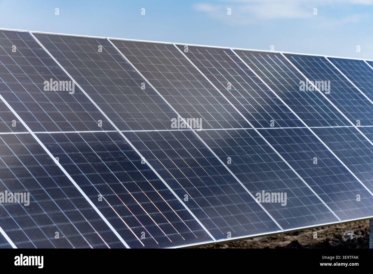 Ampia fila di moderni pannelli solari fotovoltaici installati in campo esterno per la produzione di energia rinnovabile e lo sviluppo di reti elettriche sostenibili per gr Foto Stock