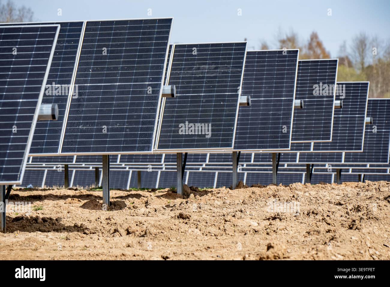 Infrastrutture per le energie rinnovabili con lunghi pannelli solari in un campo rurale progettato per investimenti sostenibili e powe verdi globali Foto Stock