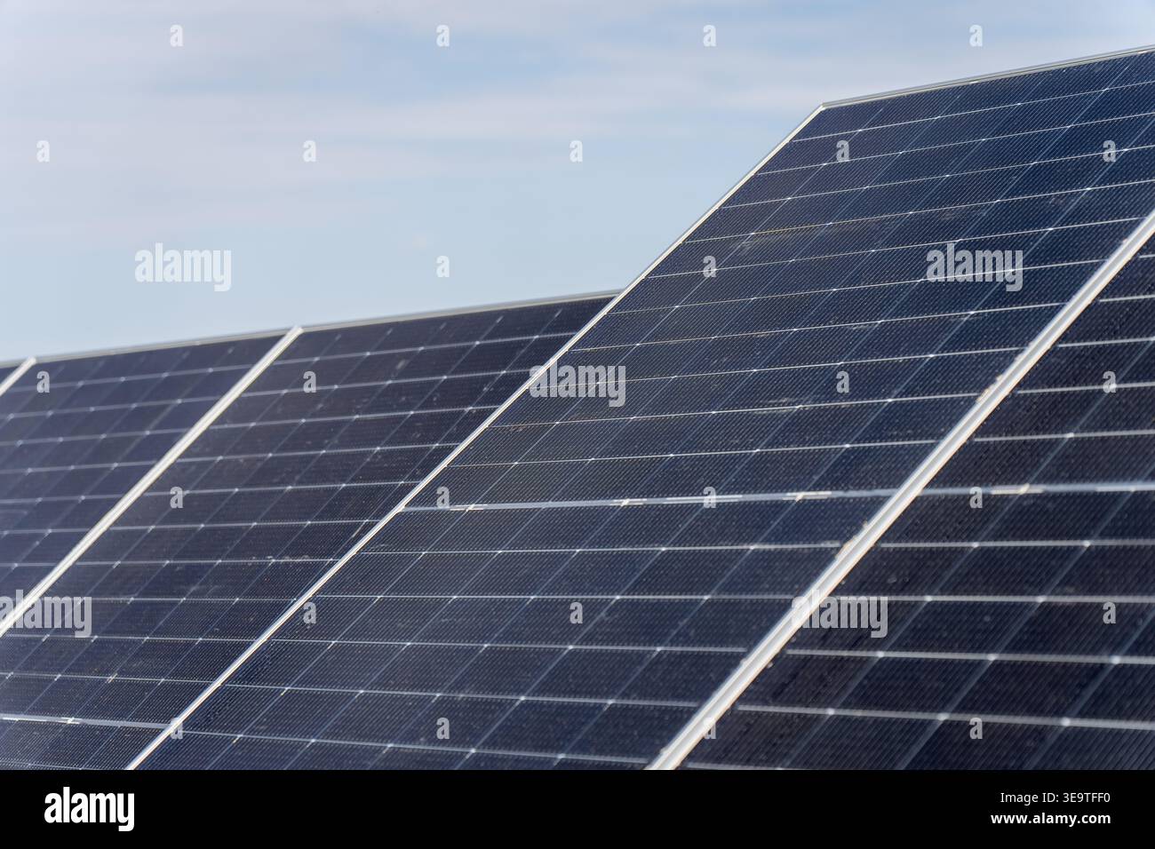 Pannelli solari ad alte prestazioni su rack di montaggio per investimenti sostenibili in tecnologie ecologiche e sviluppo di energia a emissioni zero per l'elettr globale Foto Stock