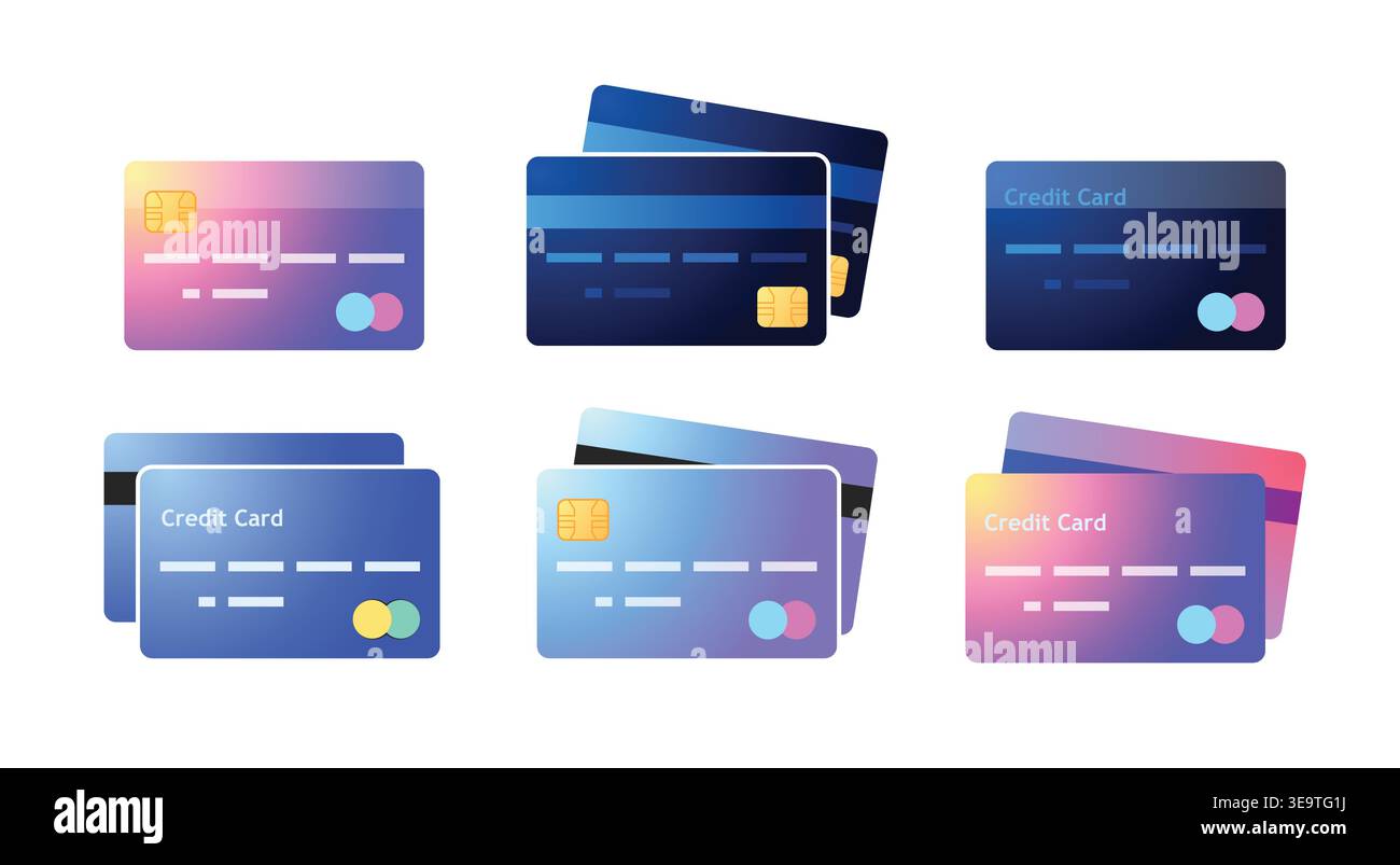 Moderno set di icone per carte di credito con colori neon sfumati e glassmorfismo Illustrazione Vettoriale