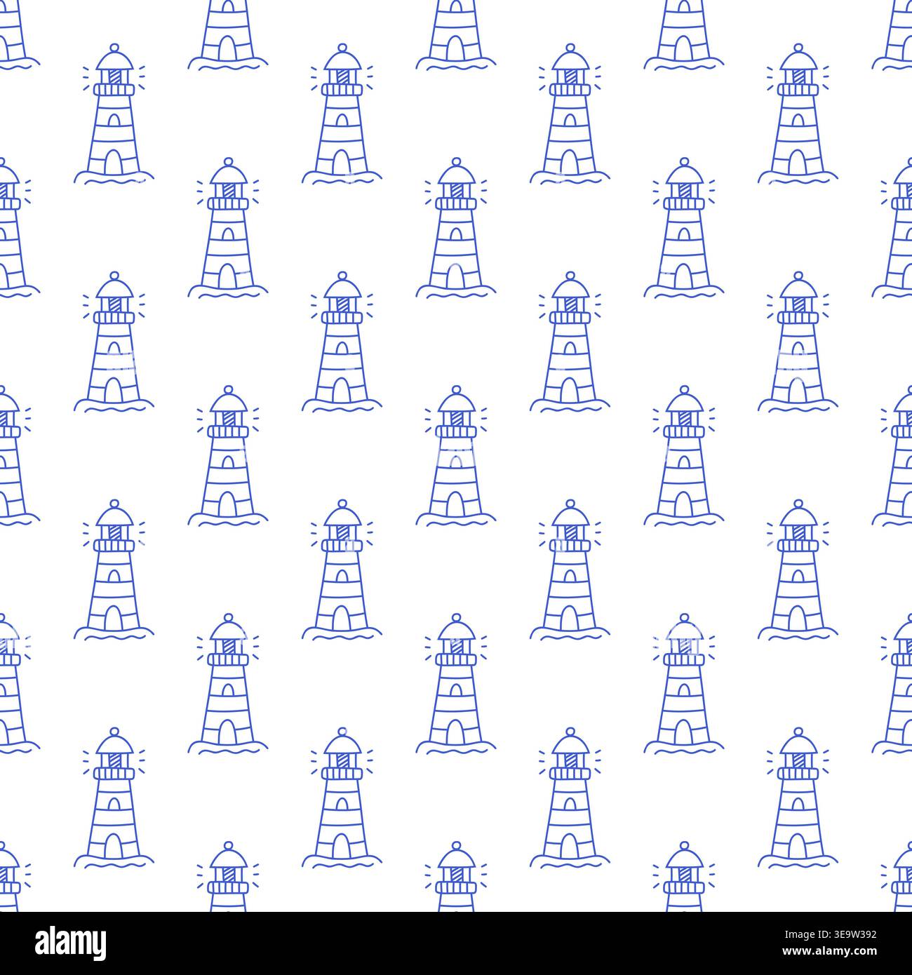 Motivo senza cuciture con fari in linea blu su sfondo bianco. Contorno stampa nautica. Illustrazione Vettoriale
