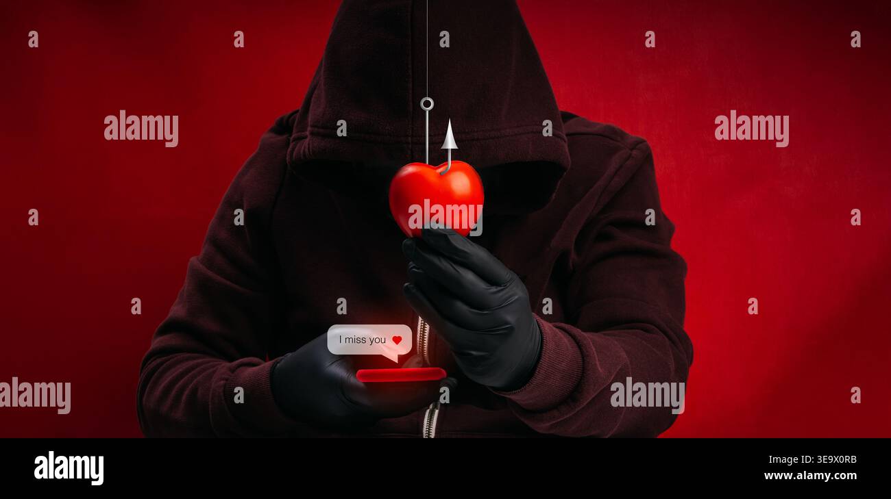 Truffa romantica e truffa di incontri online con hacker incappucciato che usa Love Bait nella chat su smartphone. Manipolazione emotiva, truffa dei pesci gatto, dece digitale Foto Stock