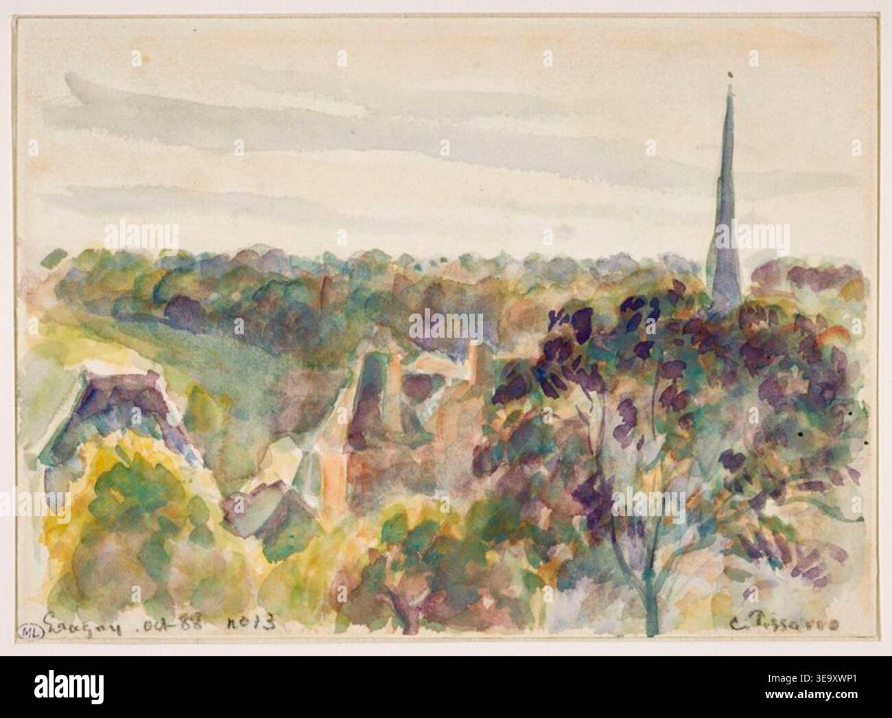 Camille Pissarro (1830-1903) era noto per i suoi paesaggi, e *Vue d'Eragny* (Vista di Eragny) del 1895 esemplifica il suo stile maturo. Il dipinto mostra una vista rurale del villaggio di Eragny, mostrando i campi e la vita agricola, catturando l'essenza della Francia rurale. Il registro fotografico d'archivio mette in risalto la vegetazione lussureggiante e l'ambiente pastorale dell'epoca. Foto Stock