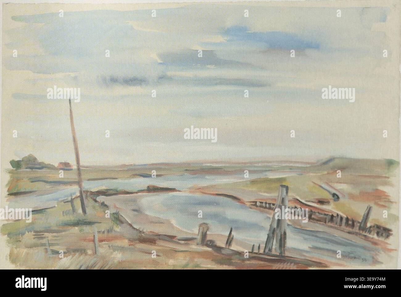 Franz Monjau (1903 – 1945) è stato un pittore e artista grafico tedesco. L'immagine d'archivio è una riproduzione fotografica della sua raffigurazione del 1926 di Greetsiel, un villaggio di pescatori del Mare del Nord, resa in monocromia. La stampa fotografica storica conserva la composizione, l'architettura e i dettagli costieri della scena. Foto Stock
