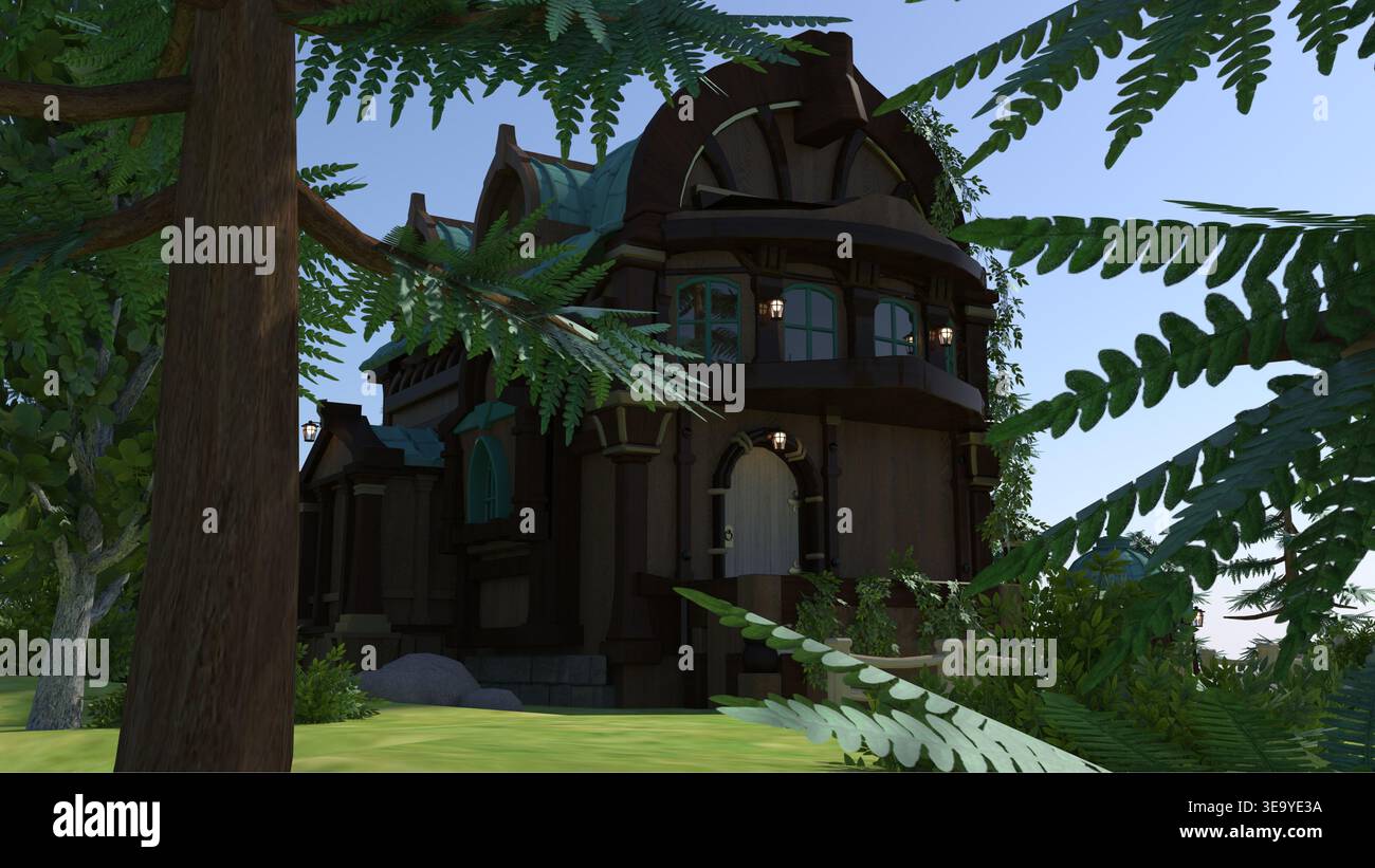 Stravagante casa in legno 3D con finestre ad arco, pareti ricoperte di edera e un tetto verde, adagiato in un lussureggiante giardino. Ideale per la fantasia, la narrazione, o. Foto Stock