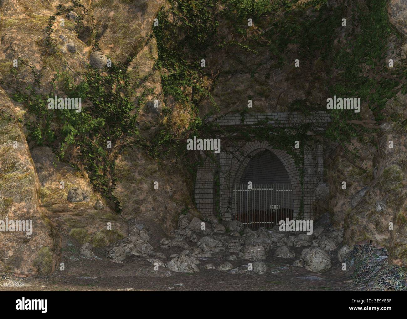 Ingresso della grotta con rendering 3D e tunnel barrato, circondato da terreni rocciosi e lussureggianti vigneti verdi. Ideale per ambienti di gioco, ambientazioni fantasiose o annunci pubblicitari Foto Stock