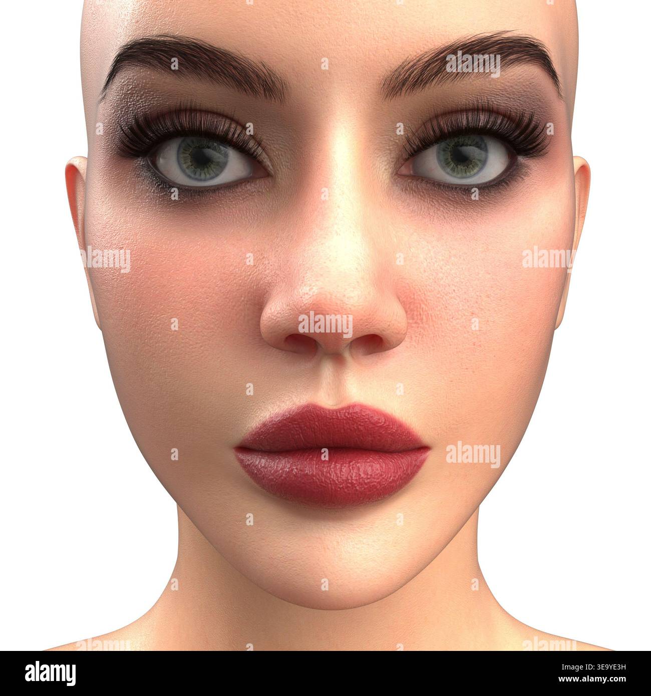 Le donne con rendering in 3D ricco di dettagli sono caratterizzate da trucco sottile, illuminazione naturale e uno sguardo tranquillo e diretto. Perfetto per esercitazioni di bellezza, cura della pelle o charac Foto Stock
