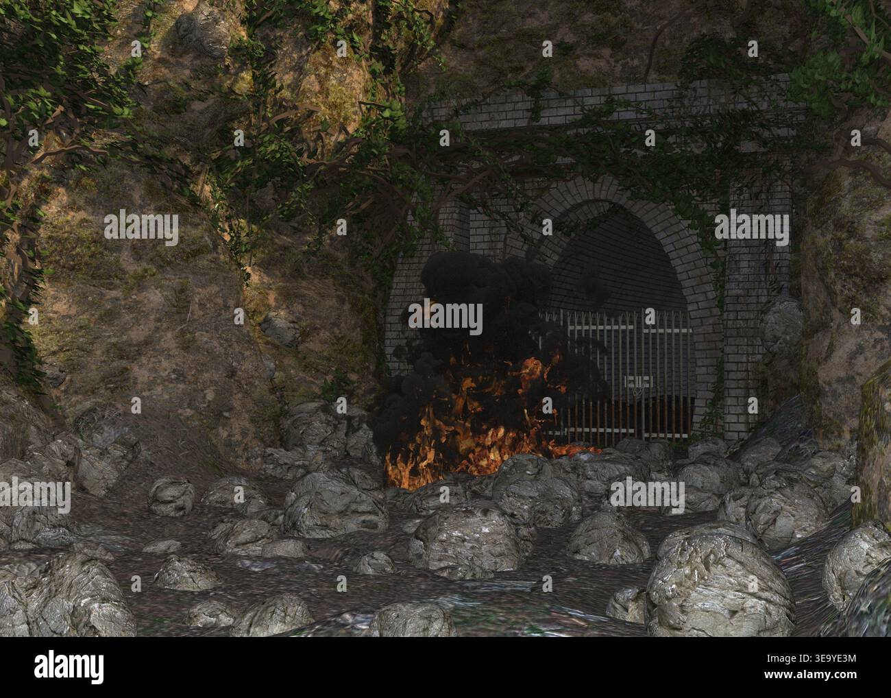 Ingresso della grotta con rendering 3D e tunnel barrato, circondato da terreni rocciosi e lussureggianti vigneti verdi. Ideale per ambienti di gioco, ambientazioni fantasiose o annunci pubblicitari Foto Stock