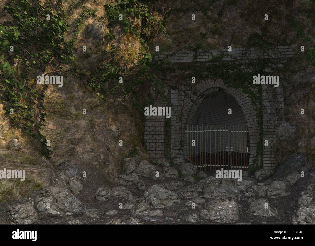 Ingresso della grotta con rendering 3D e tunnel barrato, circondato da terreni rocciosi e lussureggianti vigneti verdi. Ideale per ambienti di gioco, ambientazioni fantasiose o annunci pubblicitari Foto Stock