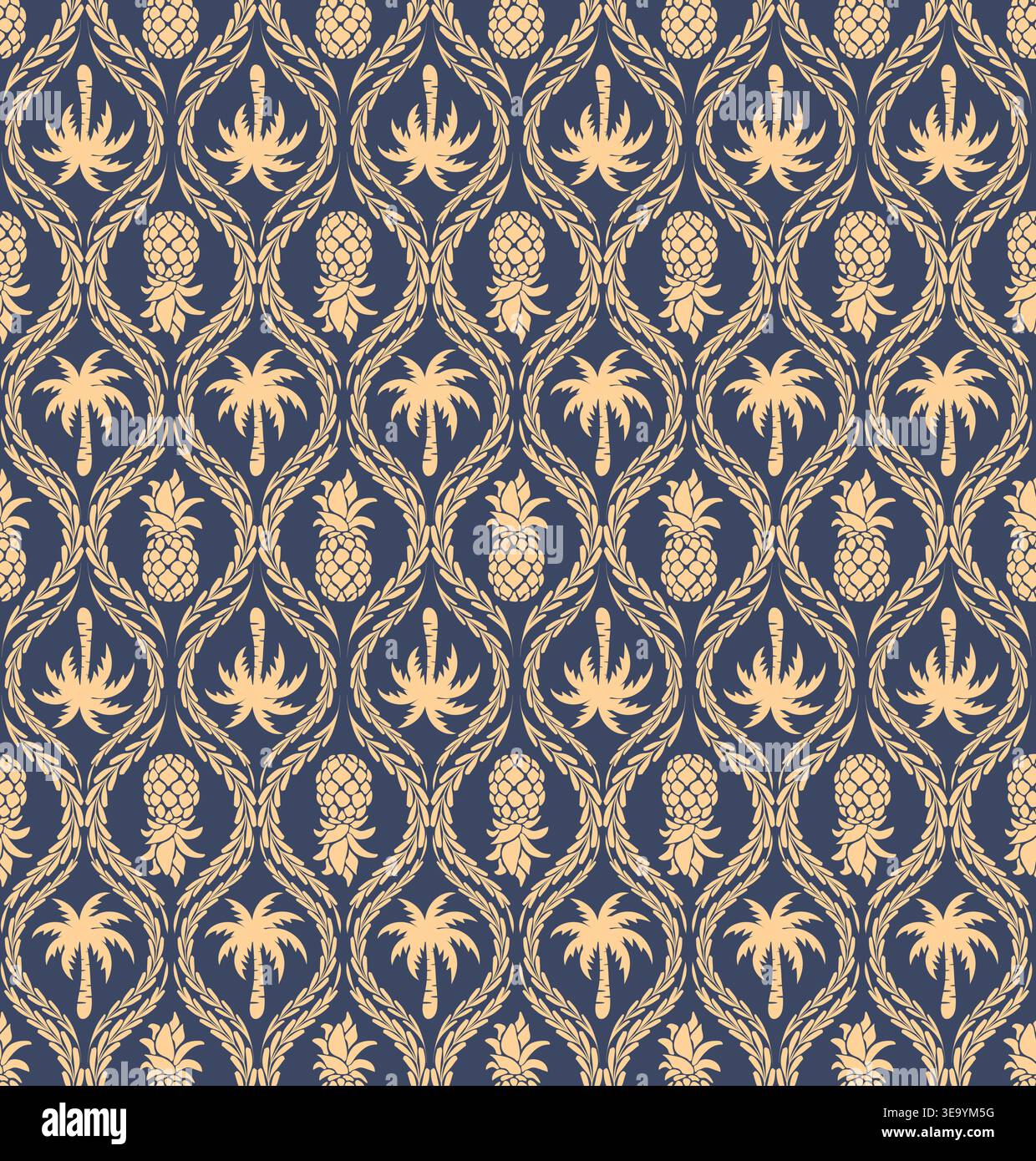 Un modello vettoriale senza cuciture con file alternate di ananas e palme all'interno di cornici di occhielli. Classico stile damascico in blu navy e Go Illustrazione Vettoriale