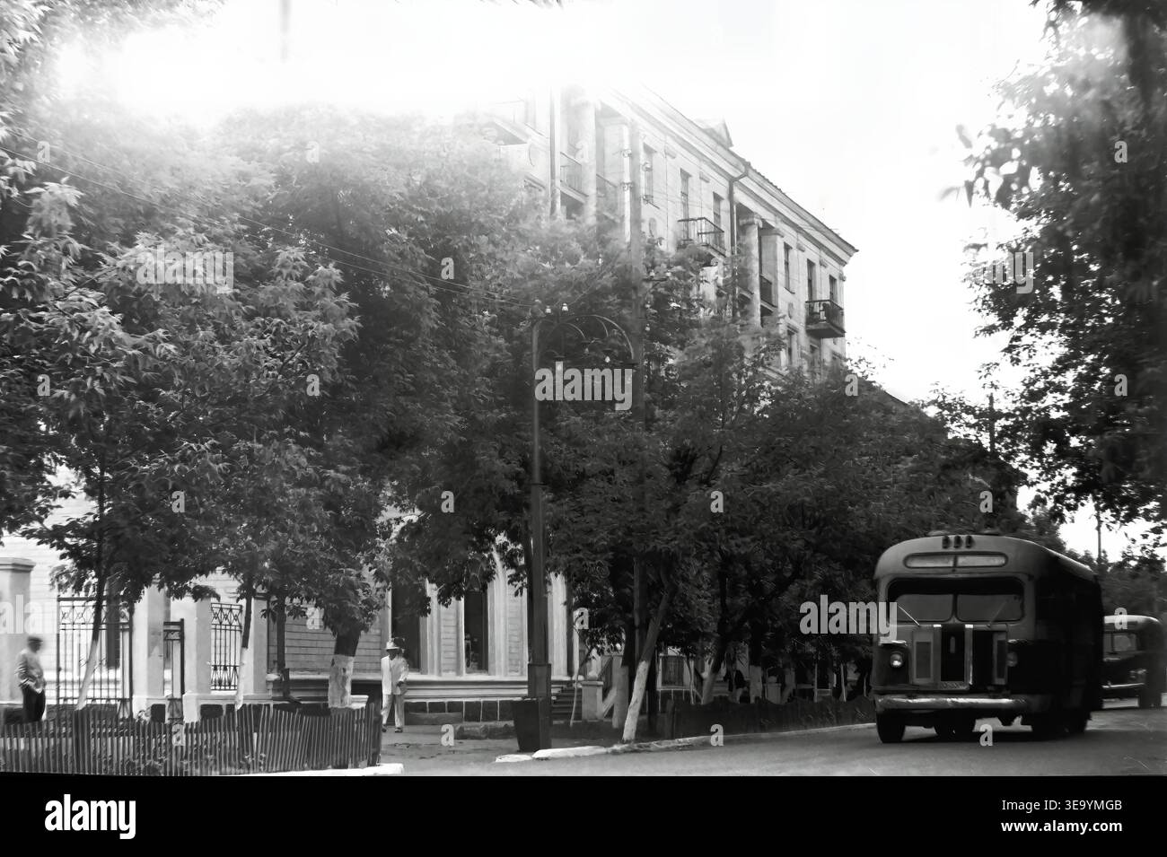 Sloviansk, 1956-1960, via Shevchenko. Questa affascinante fotografia d'archivio storica offre una meravigliosa prospettiva del transito urbano quotidiano. Un classico autobus cittadino ZIS-155, con la sua caratteristica carrozzeria arrotondata, percorre l'ampia strada asfaltata. Un pedone in una tuta bianca cammina lungo il marciapiede, circondato da alberi ombreggiati splendidamente paesaggistici ed eleganti lampioni ad arco. Dietro il fitto fogliame, la solida facciata di un grande edificio residenziale a più piani si erge alto, riflettendo la pace di Donbas. Foto Stock